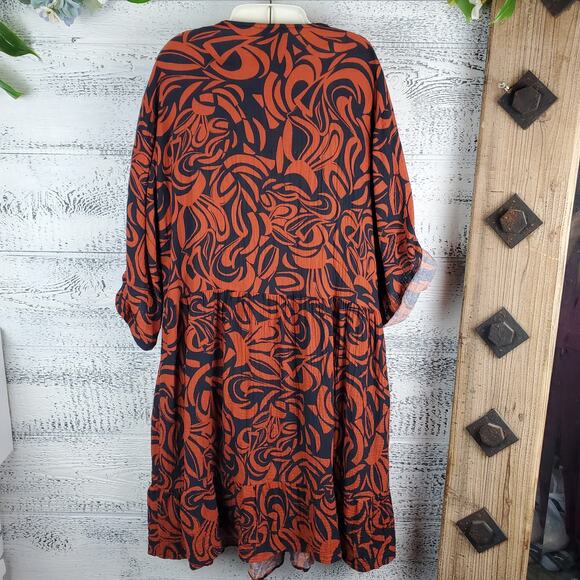 June + Vie Gauze Maxi Dress Abstract Orange Blue Sz 12 Coastal Grandmother - Picture 6 of 10